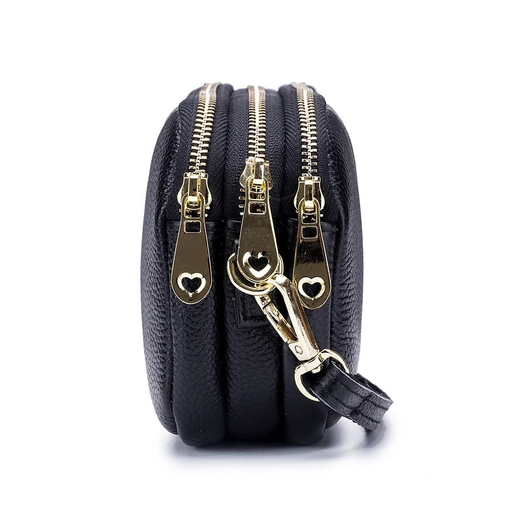 Small Leather Crossbody Bag 3 Layer Zip Wristlet Large Capacity Clutch Purse