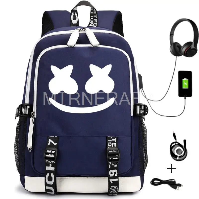 Marshmello Hot Game Backpack USB schoolbag Anime Cartoon Student Bag