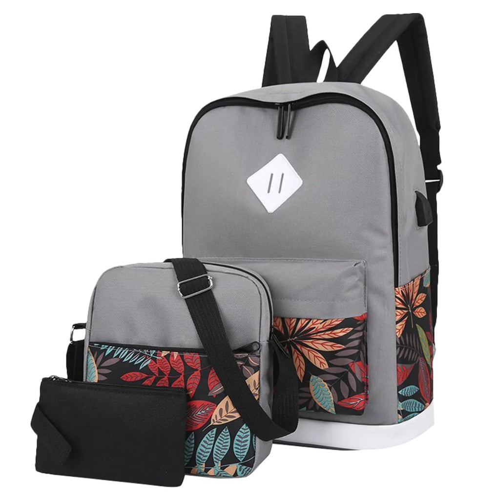 Men Women Canvas Backpack Leaf Print Three Piece Set