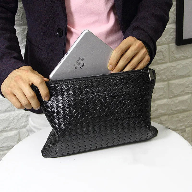 Men Leather Weave Knitting Clutch Bag Shoulder Wallet Handy Bag