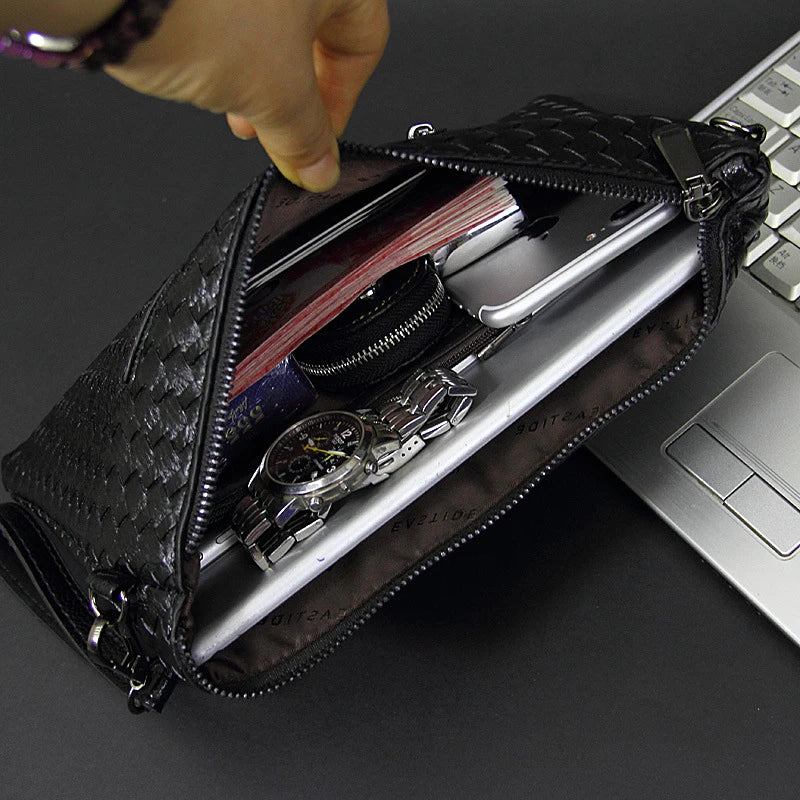 Men Leather Weave Knitting Clutch Bag Shoulder Wallet Handy Bag