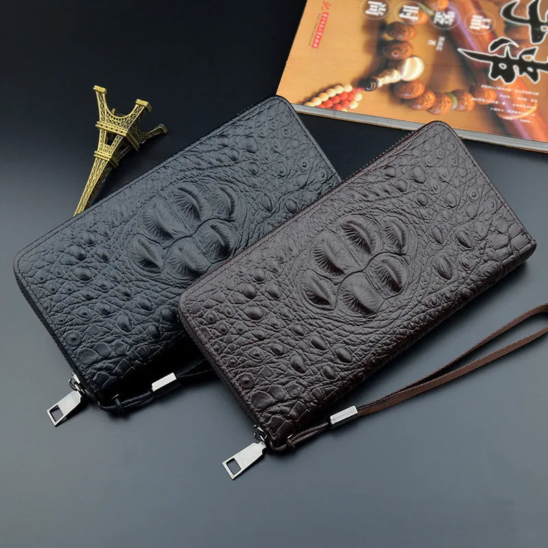 Men's Crocodile Pattern Long Wallet with Zipper Clutch