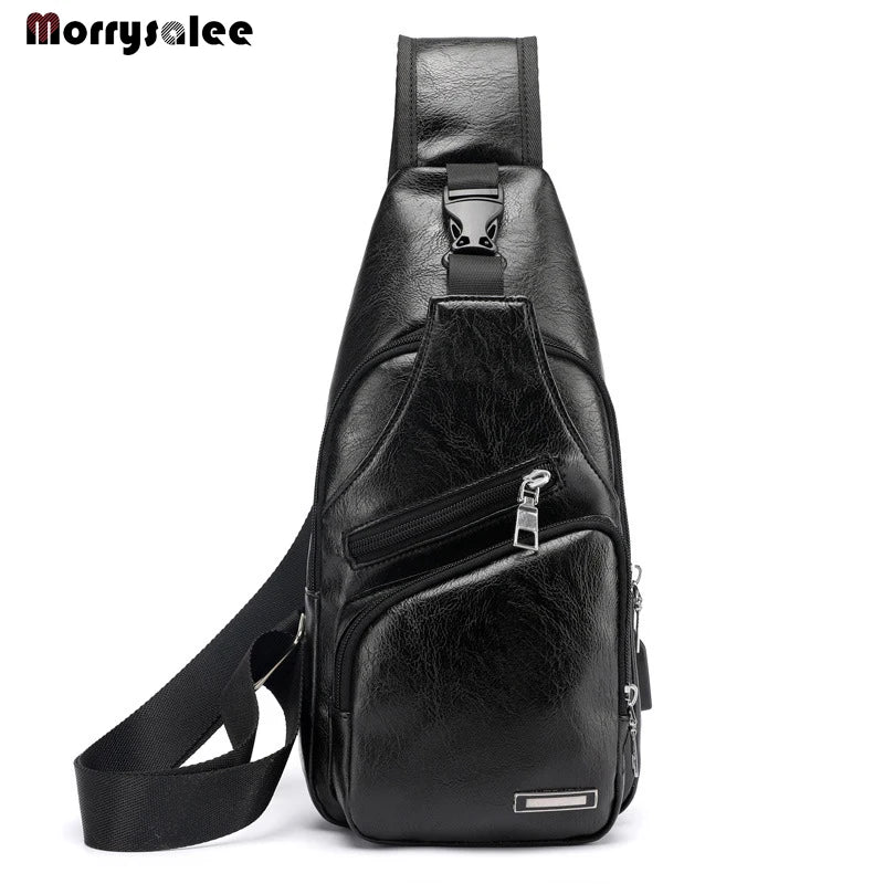 Men's Chest Bag Shoulder Messenger Bag PU Leather Zipper Travel Crossbody Bag