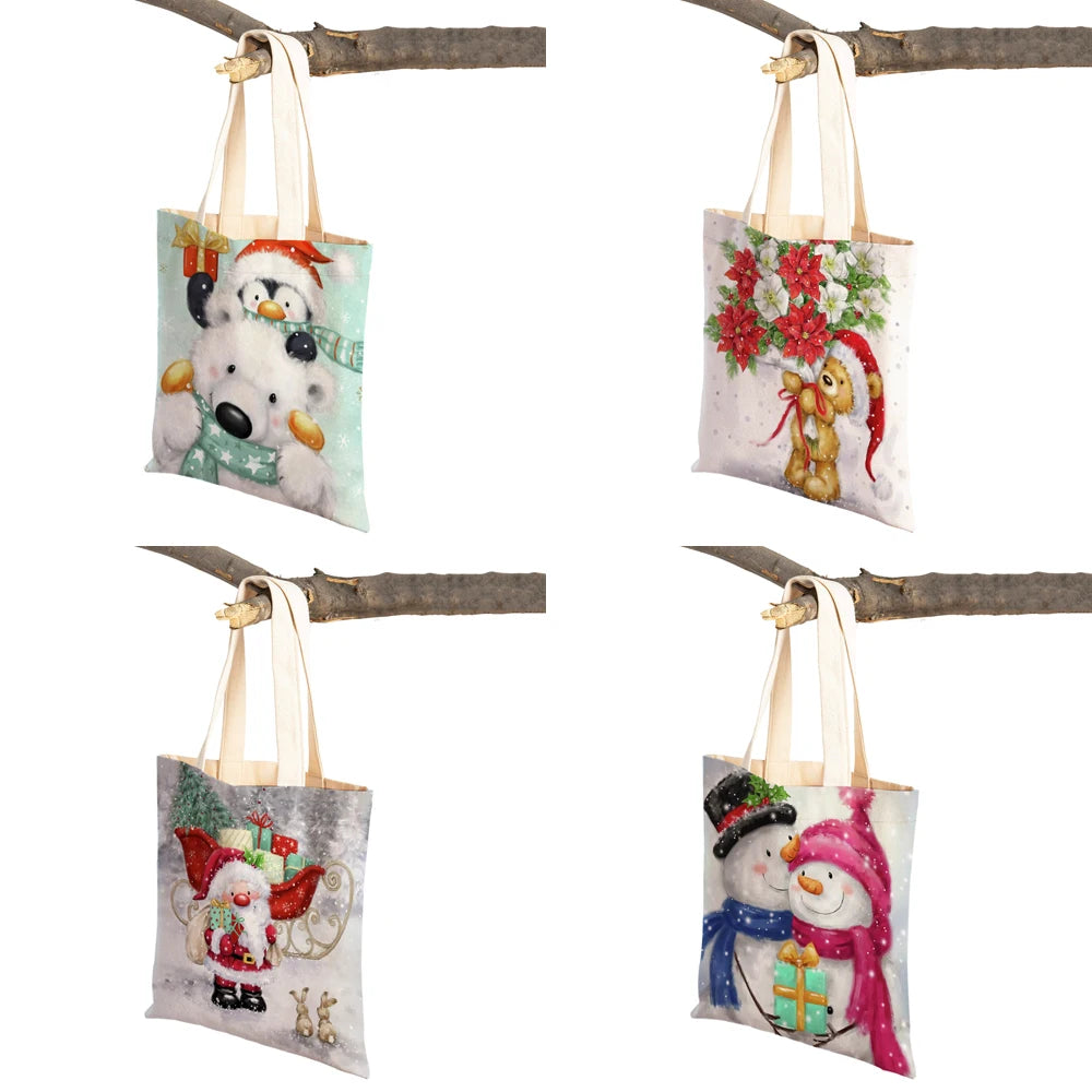 Christmas Women Shopping Bag Santa Claus Snowman Foldable Reusable Canva