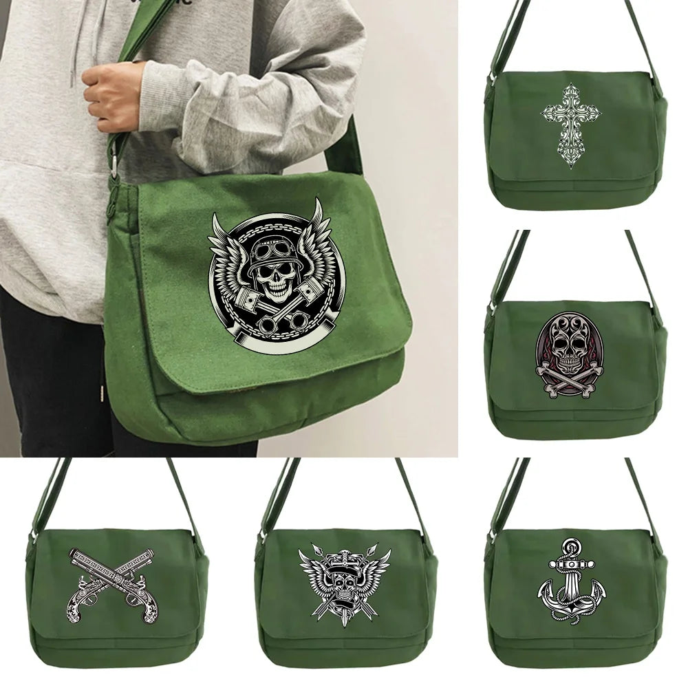 Skull Pattern Messenger Bag Men's College Student Portable Leisure Bag