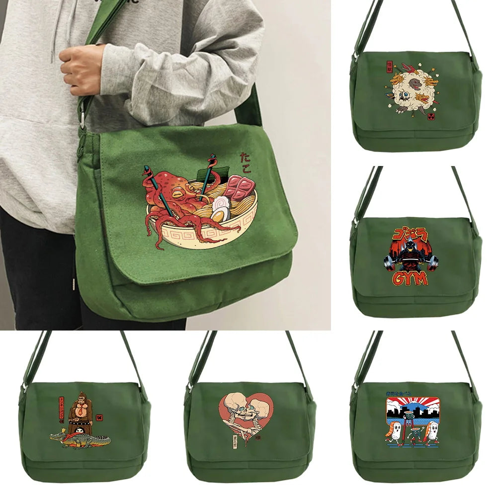 Japanese Art Messenger Bag Student Portable Japan Pattern Golden Bag