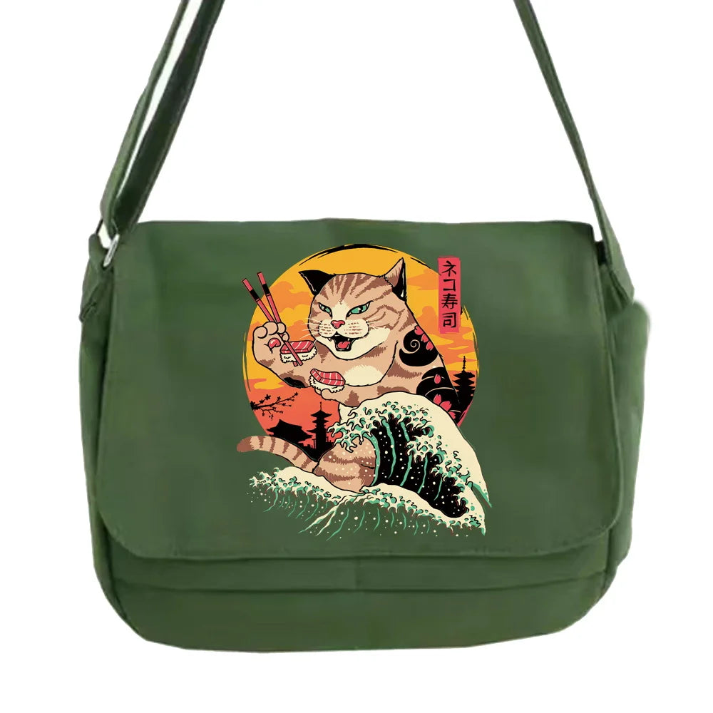 Golden Japan Cat Pattern Messenger Bag - Versatile Multi-function Student Bag