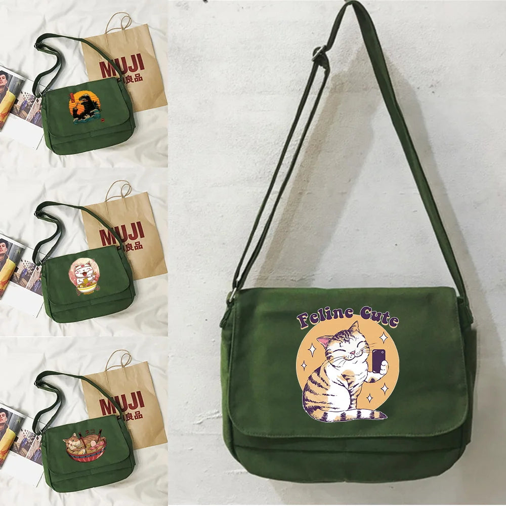 Golden Japan Cat Pattern Messenger Bag - Versatile Multi-function Student Bag