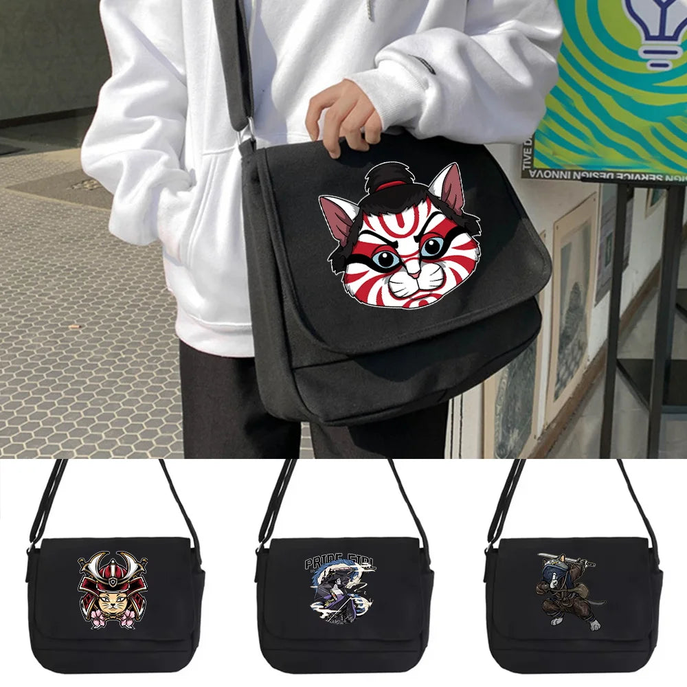 Purple Samurai Pattern Messenger Bag Youth Versatile Portable Shoulder Bag