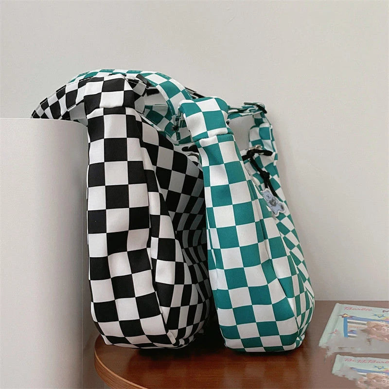 Plaid Shoulder Bag Women Casual Nylon Handbag Travel Shopper Zipper