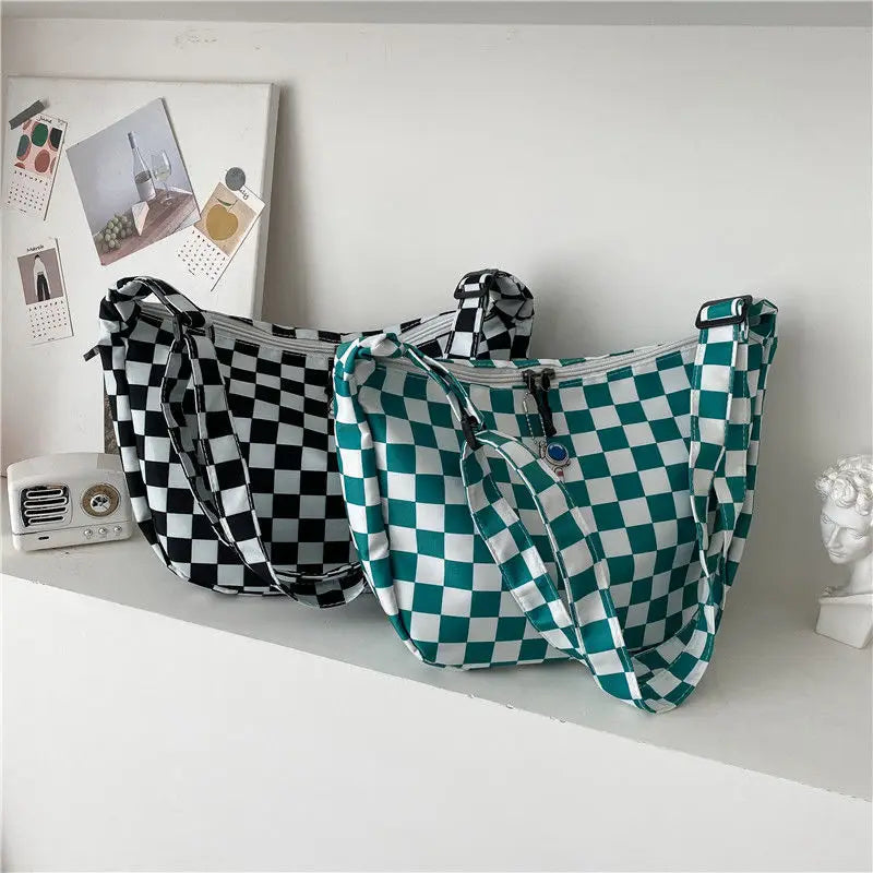 Plaid Shoulder Bag Women Casual Nylon Handbag Travel Shopper Zipper