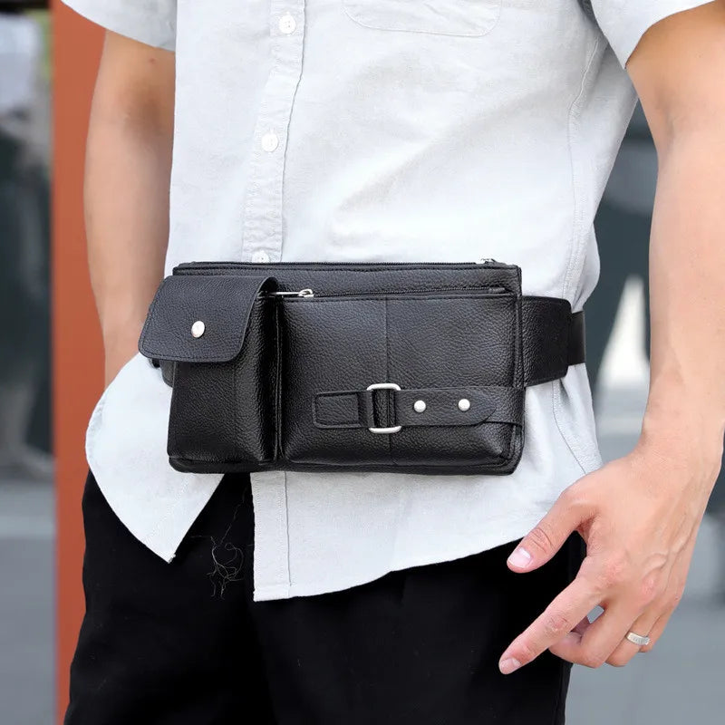 Mihaivin Casual Leather Waist Bag Men Fanny Pack Vintage Men's Leather Waist Bel