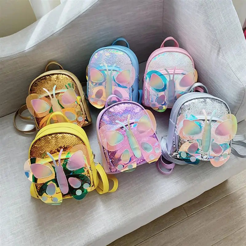 Children Mini Backpack Butterfly Sequin School Bag (Silver)
