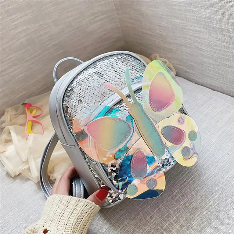 Children Mini Backpack Butterfly Sequin School Bag (Silver)