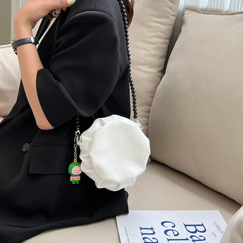Mini Circular Shoulder Bags Beading Handbags Crossbody PU Leather