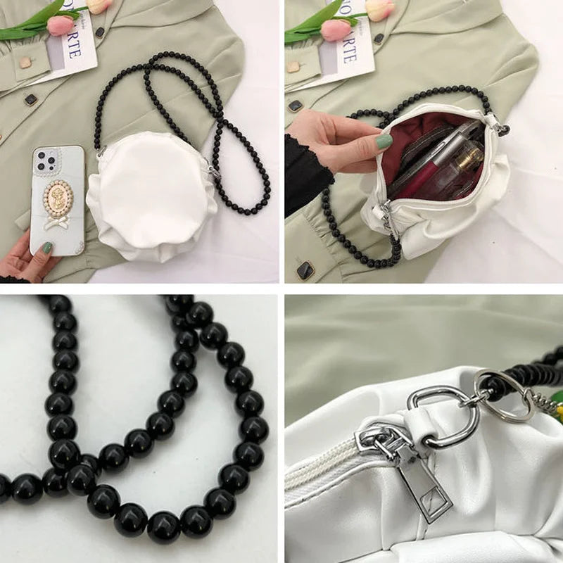 Mini Circular Shoulder Bags Beading Handbags Crossbody PU Leather