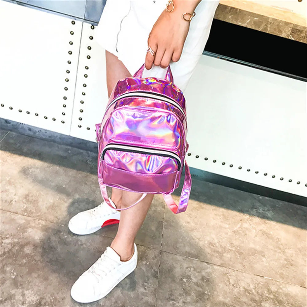 Silver Laser Backpack for Women Girls School Bag