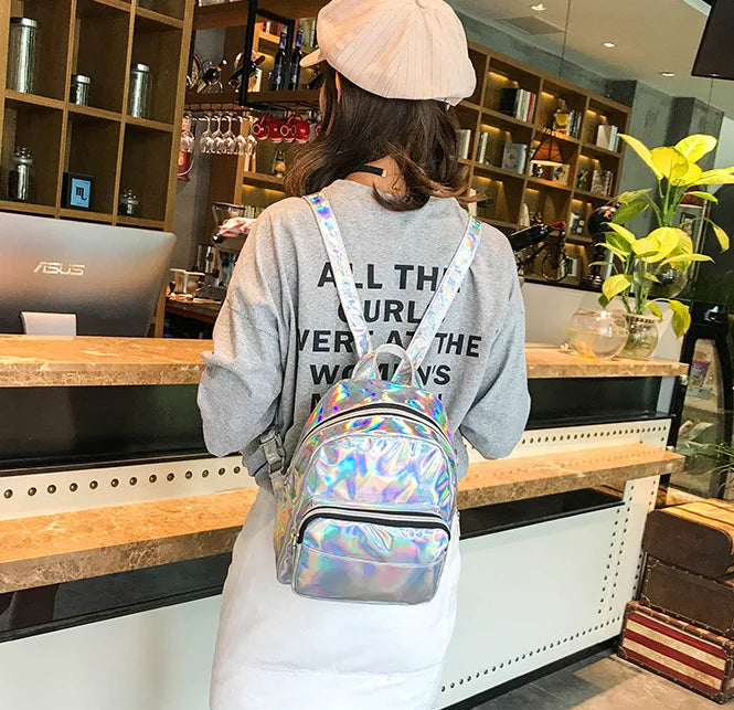 Silver Laser Backpack for Women Girls School Bag