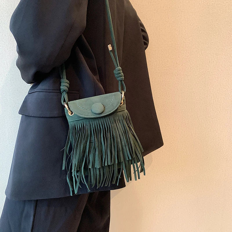 Nubuck Leather Tassel Mini Messenger Bag for Women