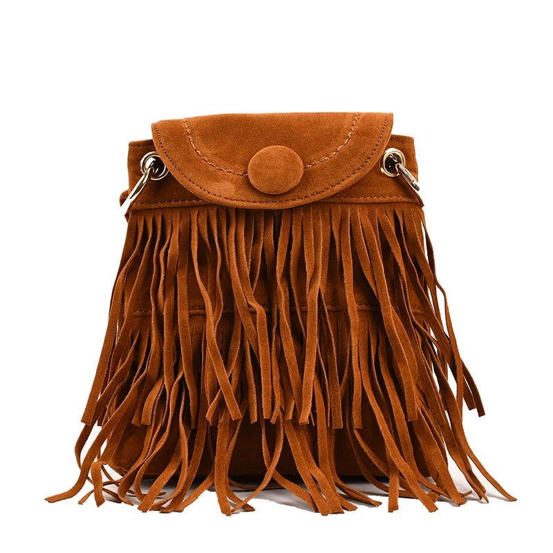 Nubuck Leather Tassel Mini Messenger Bag for Women