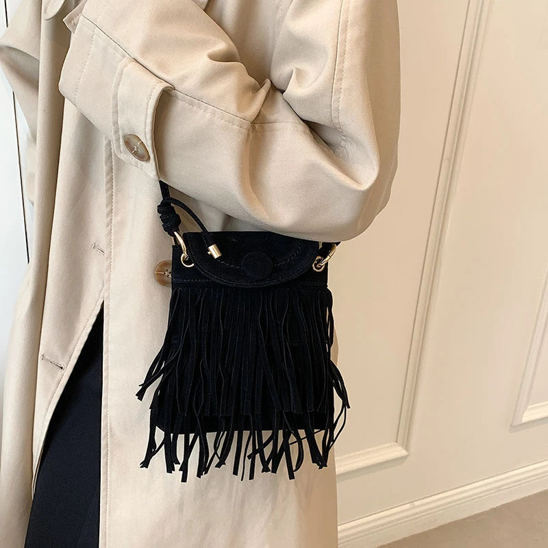 Nubuck Leather Tassel Mini Messenger Bag for Women