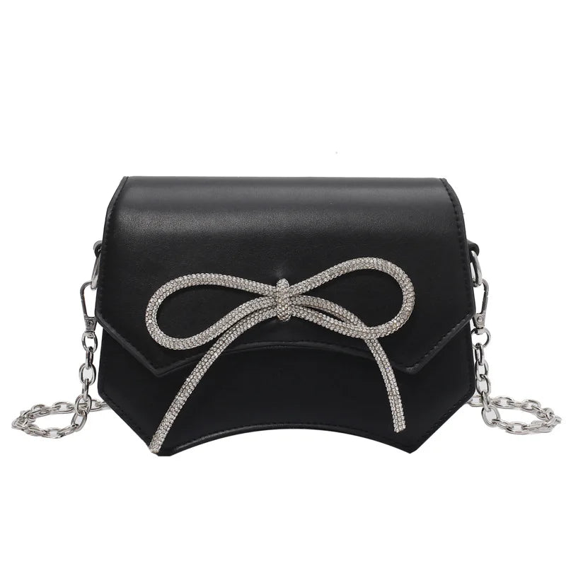 Rhinestone Bow Mini Messenger Bag Chain Shoulder Handbag