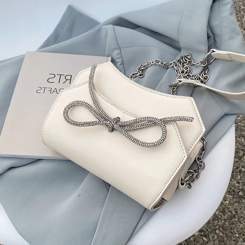 Rhinestone Bow Mini Messenger Bag Chain Shoulder Handbag