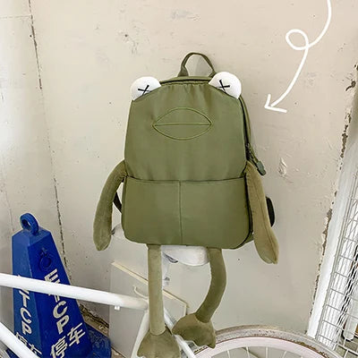Cartoon Frog Shape Backpack Canvas Bagpack Green Rucksack Female Shoulder Bag