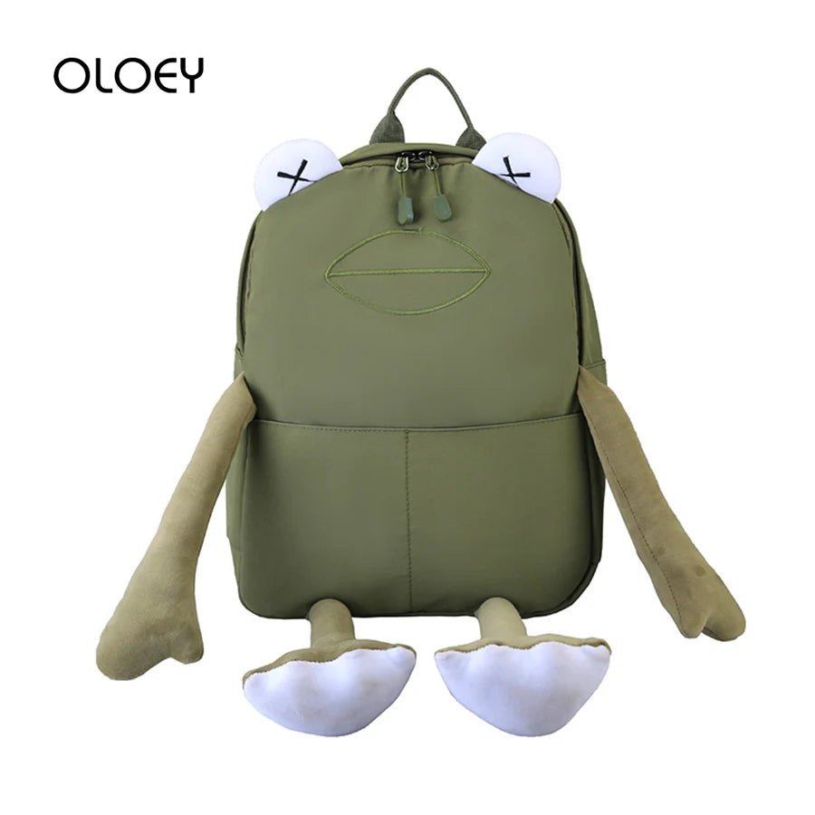 Cartoon Frog Shape Backpack Canvas Bagpack Green Rucksack Female Shoulder Bag