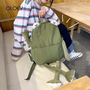 Cartoon Frog Shape Backpack Canvas Bagpack Green Rucksack Female Shoulder Bag