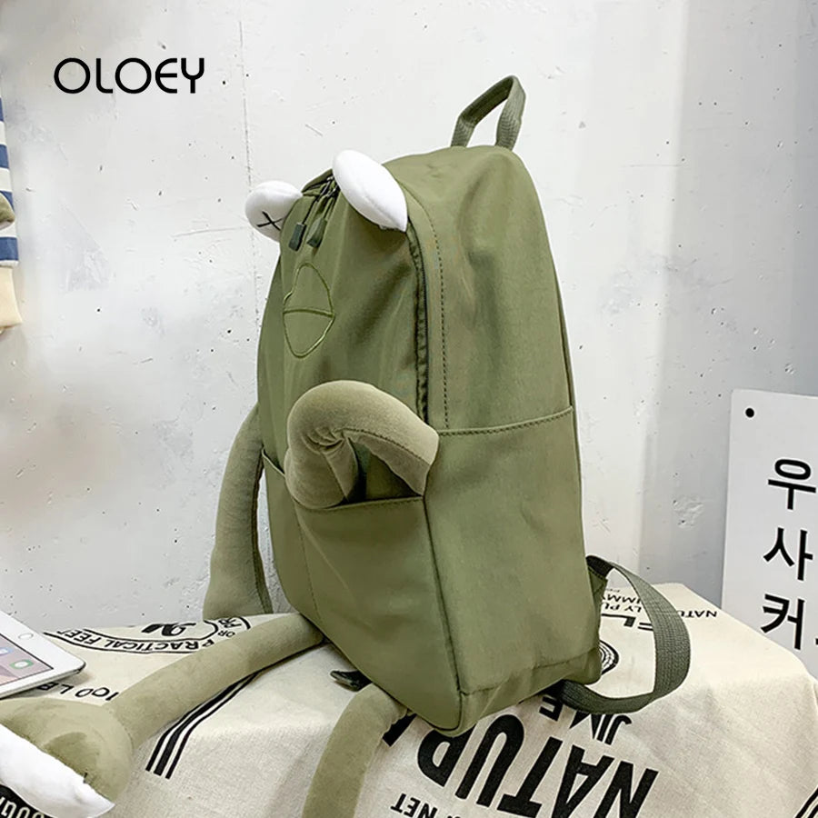 Cartoon Frog Shape Backpack Canvas Bagpack Green Rucksack Female Shoulder Bag