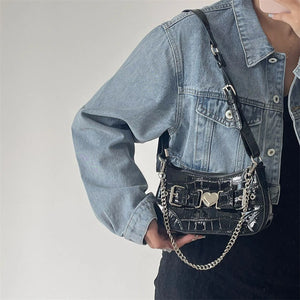 Crocodile Pattern Shoulder Bag Metal Heart Handbag