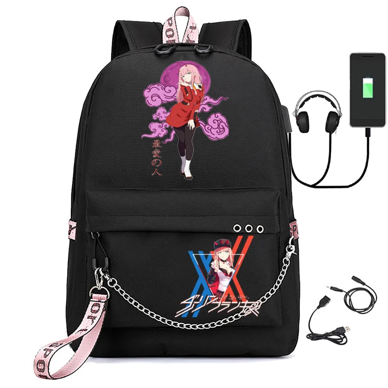 Zero Two Canvas Backpack USB Rechargeable Student Bag