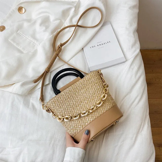 Female Tote Bucket Bag Straw Handbag Woven Shoulder Messenger Bag