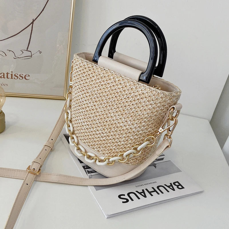Female Tote Bucket Bag Straw Handbag Woven Shoulder Messenger Bag