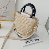 Female Tote Bucket Bag Straw Handbag Woven Shoulder Messenger Bag