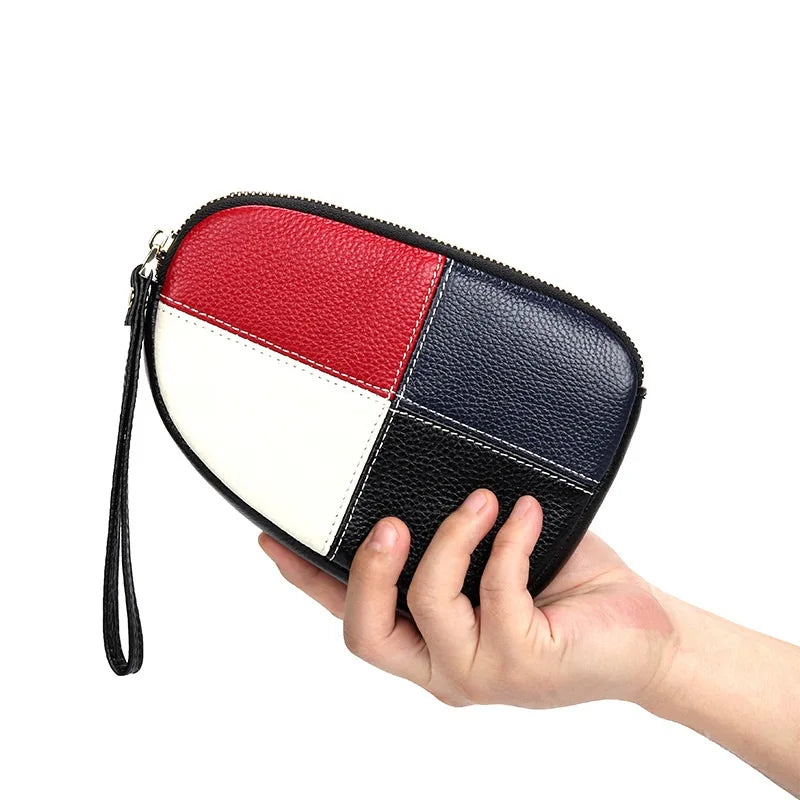 Leather Women Clutch Panelled Organizer Zipper Phone Bag Ladies Cowhide Wrist Ba