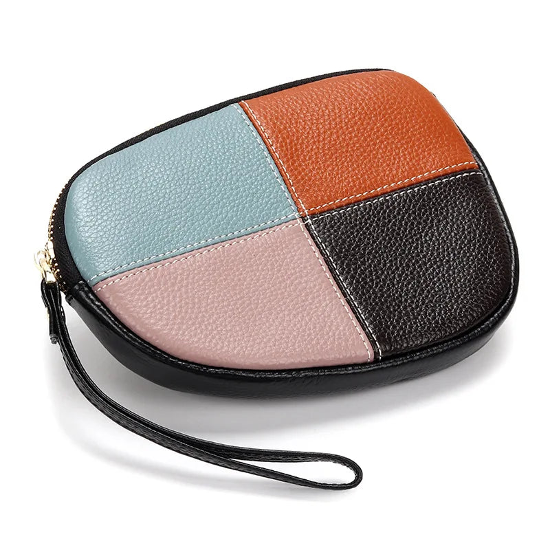 Leather Women Clutch Panelled Organizer Zipper Phone Bag Ladies Cowhide Wrist Ba