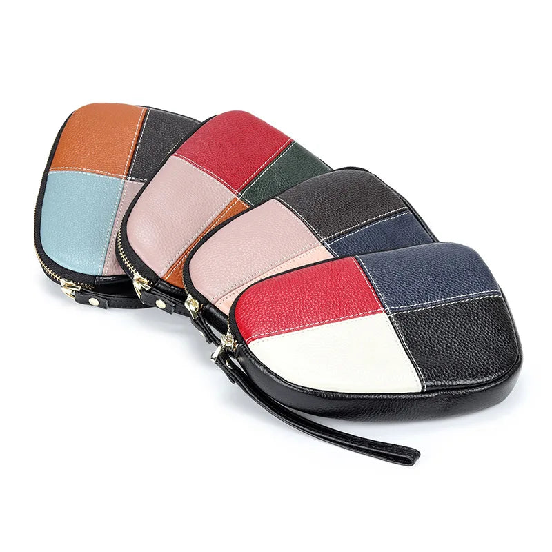 Leather Women Clutch Panelled Organizer Zipper Phone Bag Ladies Cowhide Wrist Ba