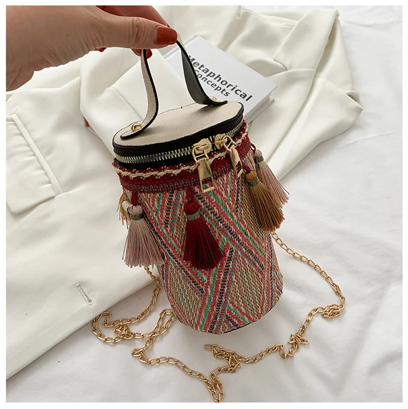 National Style Shoulder Bag for Women Crossbody Tassel Handbag