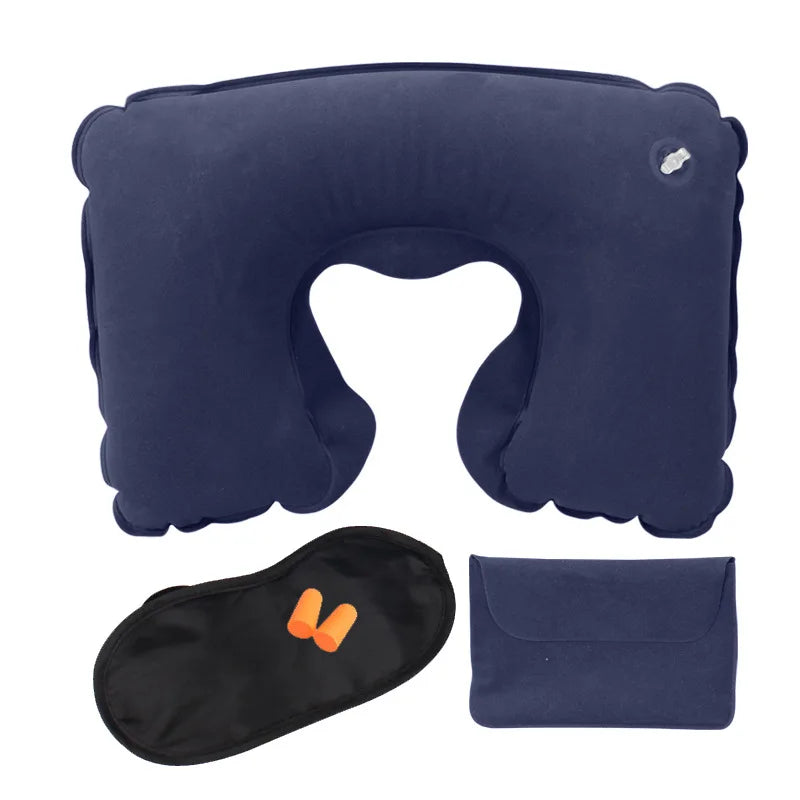 Portable Travel Inflatable Neck Pillow Set + Eye Mask + Earplug