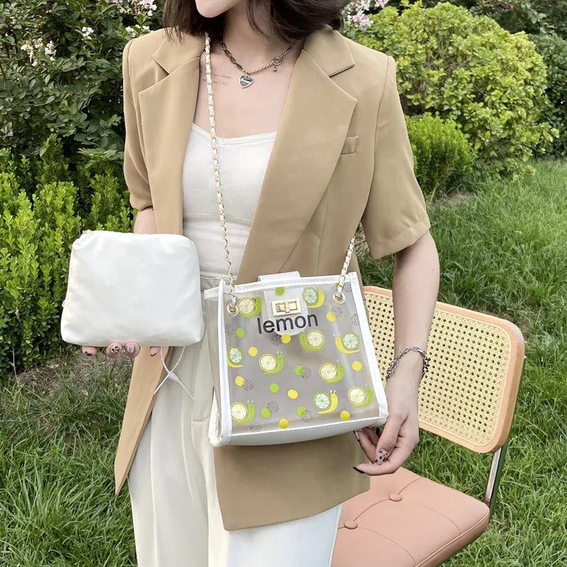 2-piece Women Fruit Handbag Transparent Beach Summer Shoulder Messenger Bags