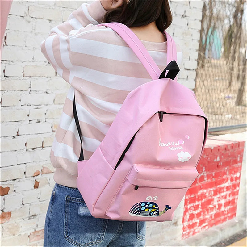 Cartoon Print Canvas Backpack Preppy Style Elephant School Bag