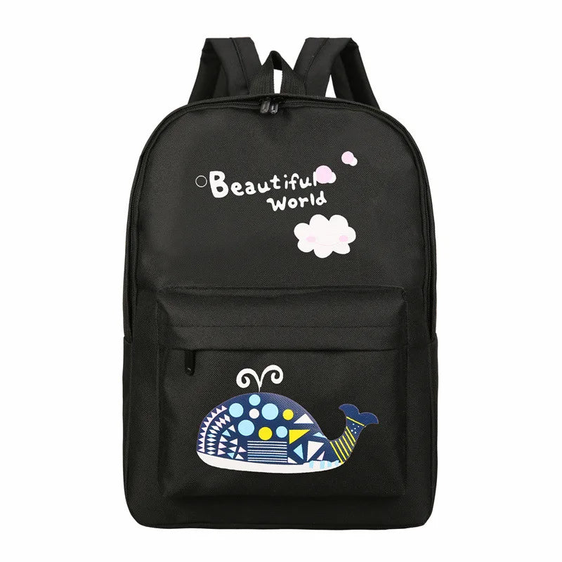 Cartoon Print Canvas Backpack Preppy Style Elephant School Bag