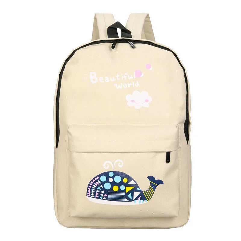 Cartoon Print Canvas Backpack Preppy Style Elephant School Bag