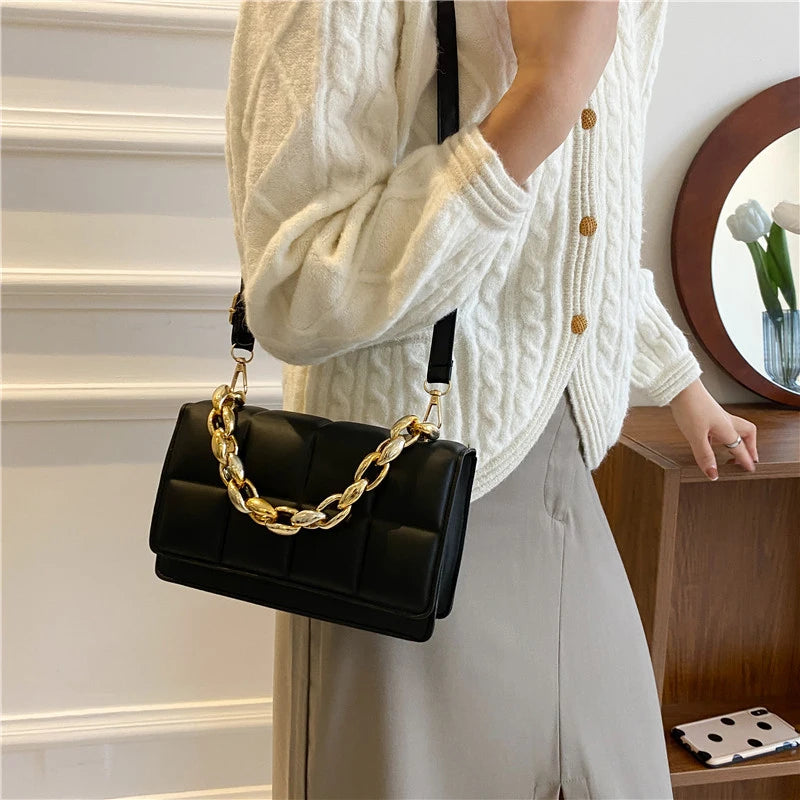 Plaid Shoulder Bag Women Chains PU Leather Crossbody Handbag
