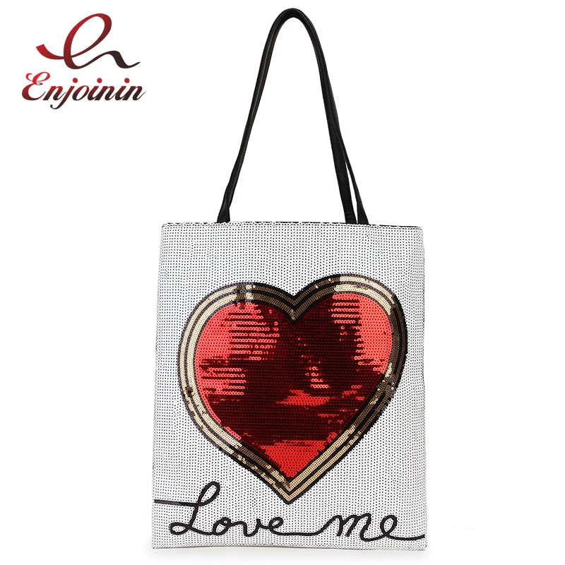 Red Heart Sequins Women Shoulder Bag Tote Purses Handbags Girl's Pouch