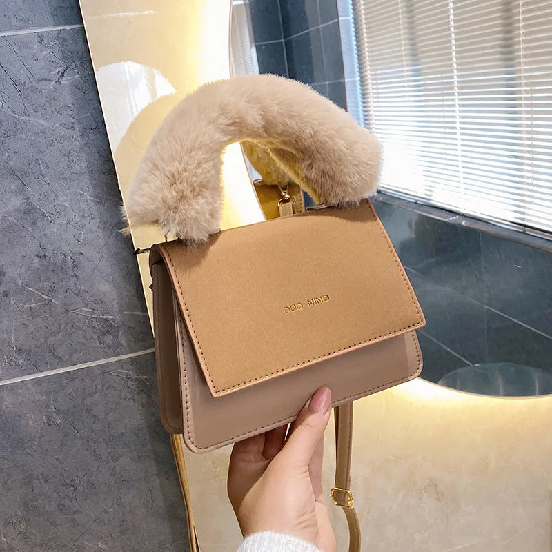 Autumn Winter Bag Furry Handle Frosted Portable Shoulder Bag