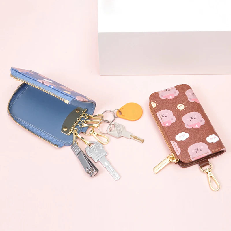 Bear Print Key Holder Wallet Chain Zipper PU Leather Organizer Case Key Bag