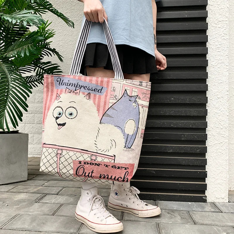 Cartoon Dogs Cats Canvas Tote Bag Big Size Shoulder Bag for Women Girls